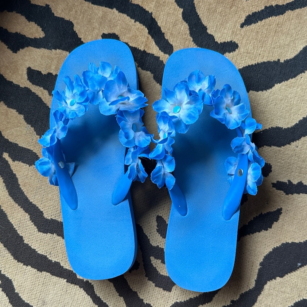 Blue Floral Flip Flops